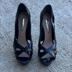 H by Halston Glossy Black Peep-Toe Heels